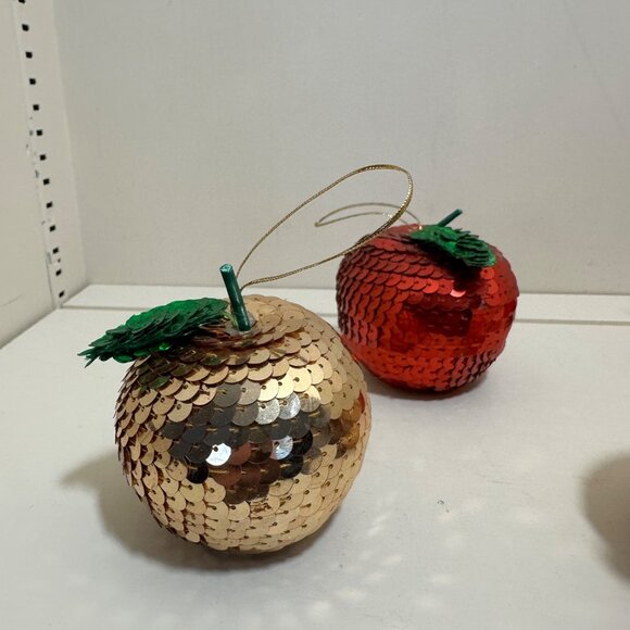Handmade Vintage Sequin Apple Christmas Ornaments Set Of 5 Gold & Red - Picture 13 of 16